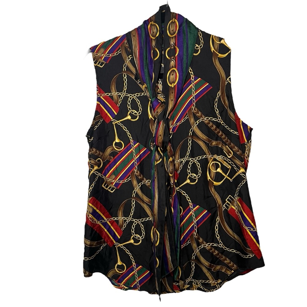 Ralph Lauren 100% silk Tie-Neck Blouse Multicolour Chain Print Sleeveless Top